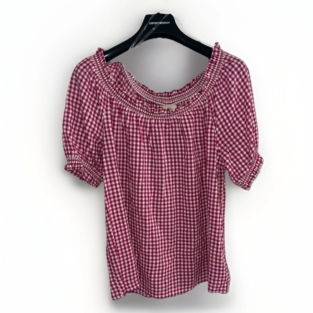 NWT” St. John Collection Red Checkered Blouse ofc shoulder size Medium